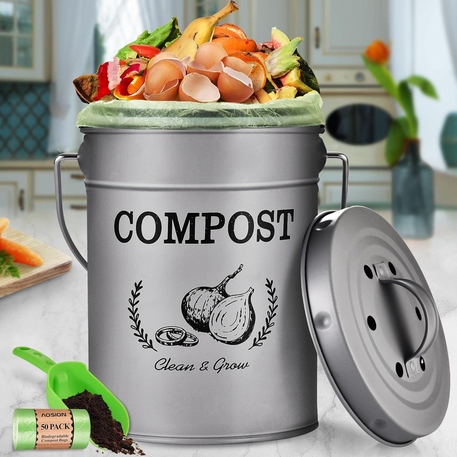 Gray 1.0 Gallon Farmhouse Style Kitchen Compost Bin