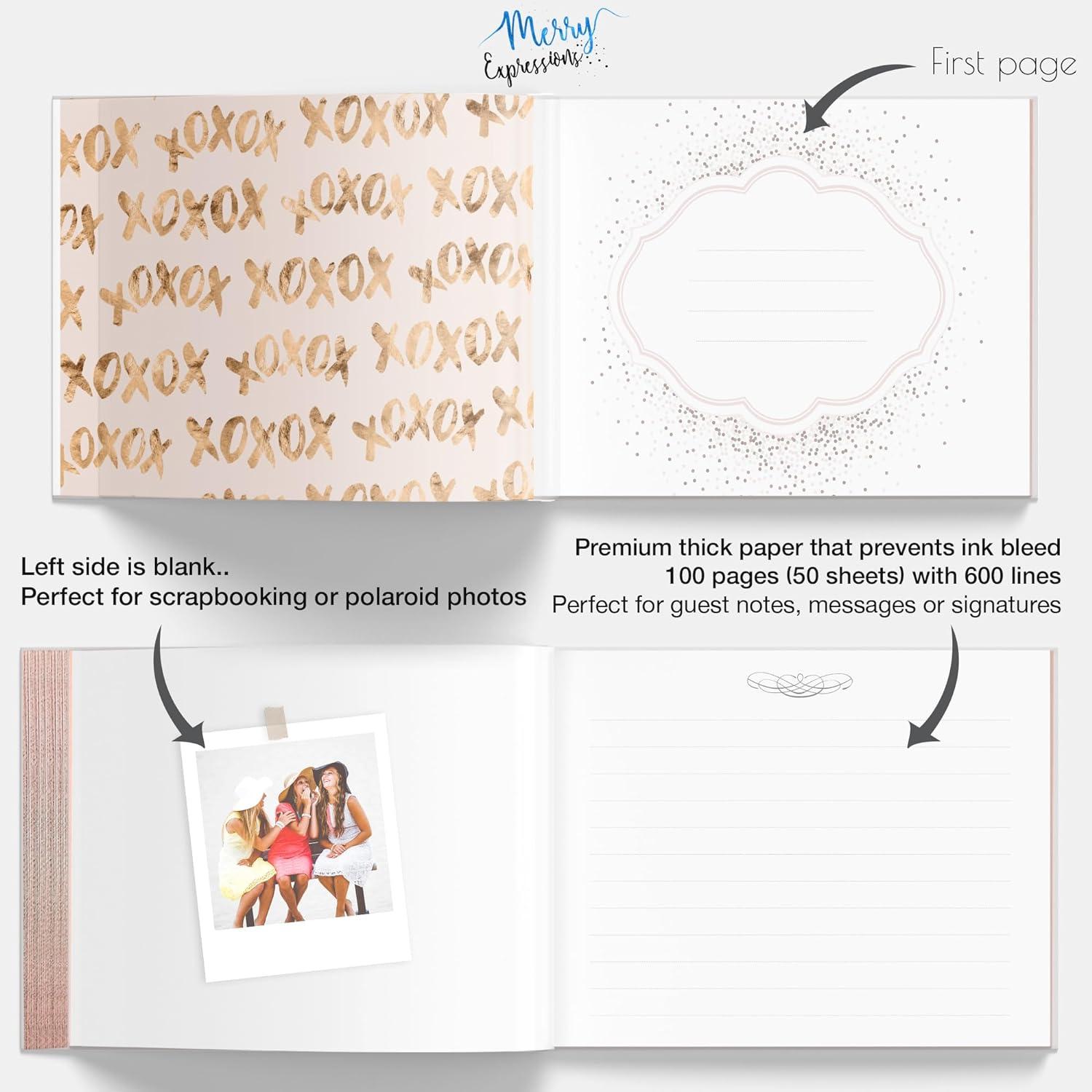 Merry Expressions Rose Gold Wedding Guest Book & Pen Set - 9" x 7" Hardcover 100 Page/50 Sheets