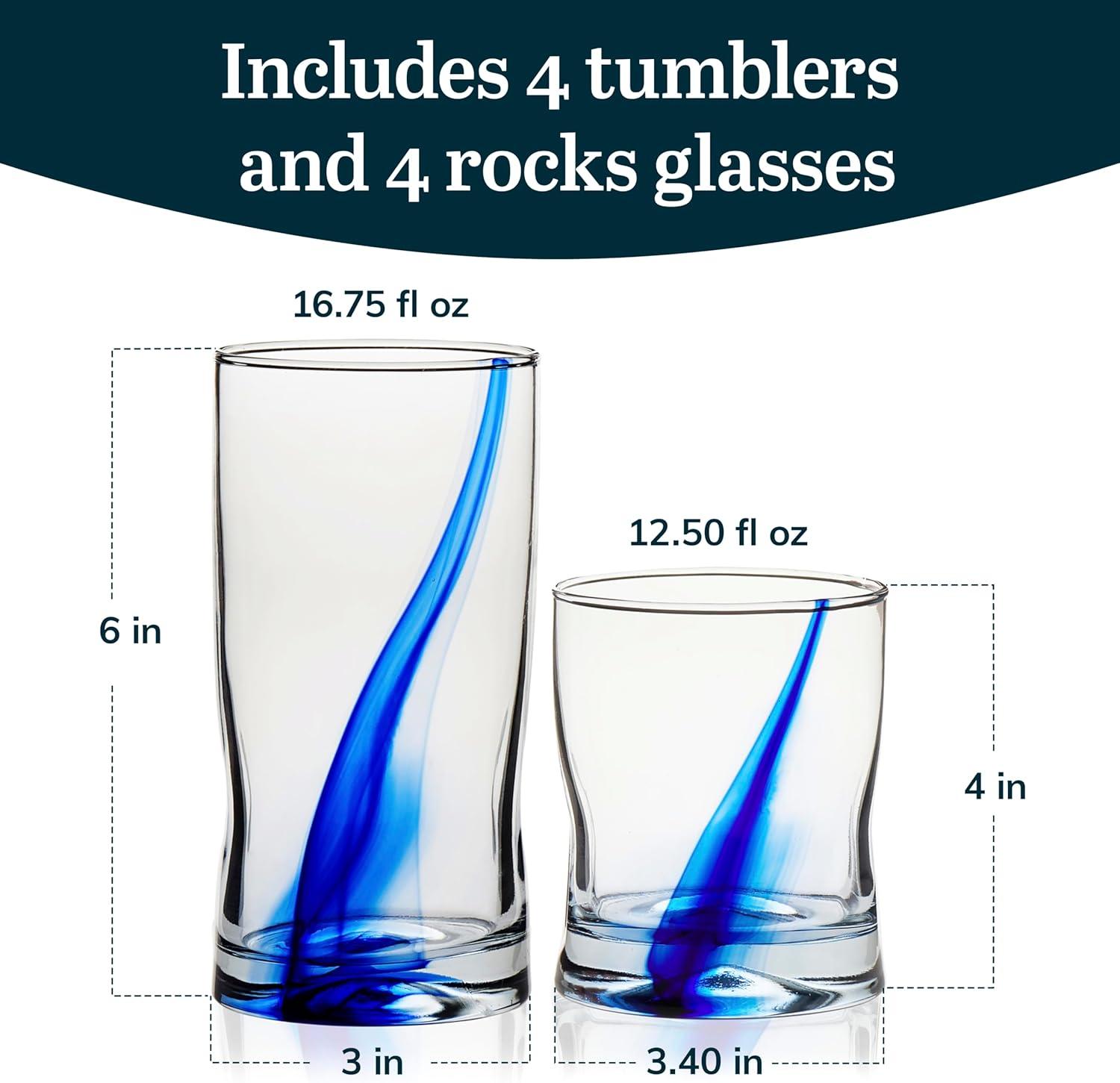 Libbey Blue Ribbon 8-Piece Clear and Blue Glass Tumbler Set