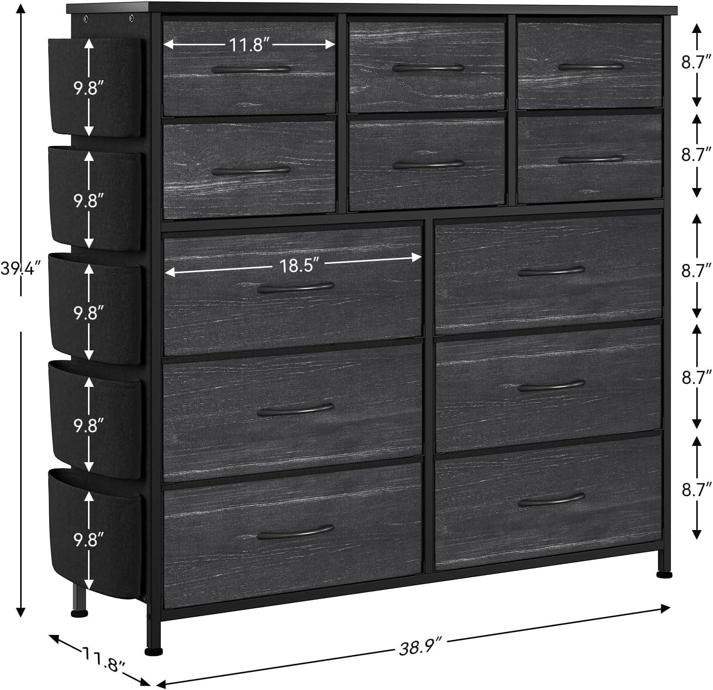 AOWOS 12 Drawer Dresser for Bedroom Fabric Storage Tower Black Dresser with Wood Top Sturdy Steel Frame Storage Organizer Unit