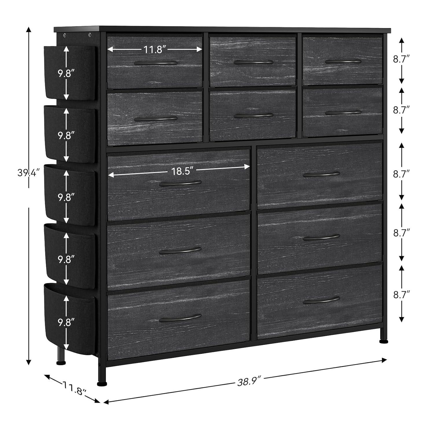 AOWOS 12 Drawer Dresser for Bedroom Fabric Storage Tower Black Dresser with Wood Top Sturdy Steel Frame Storage Organizer Unit