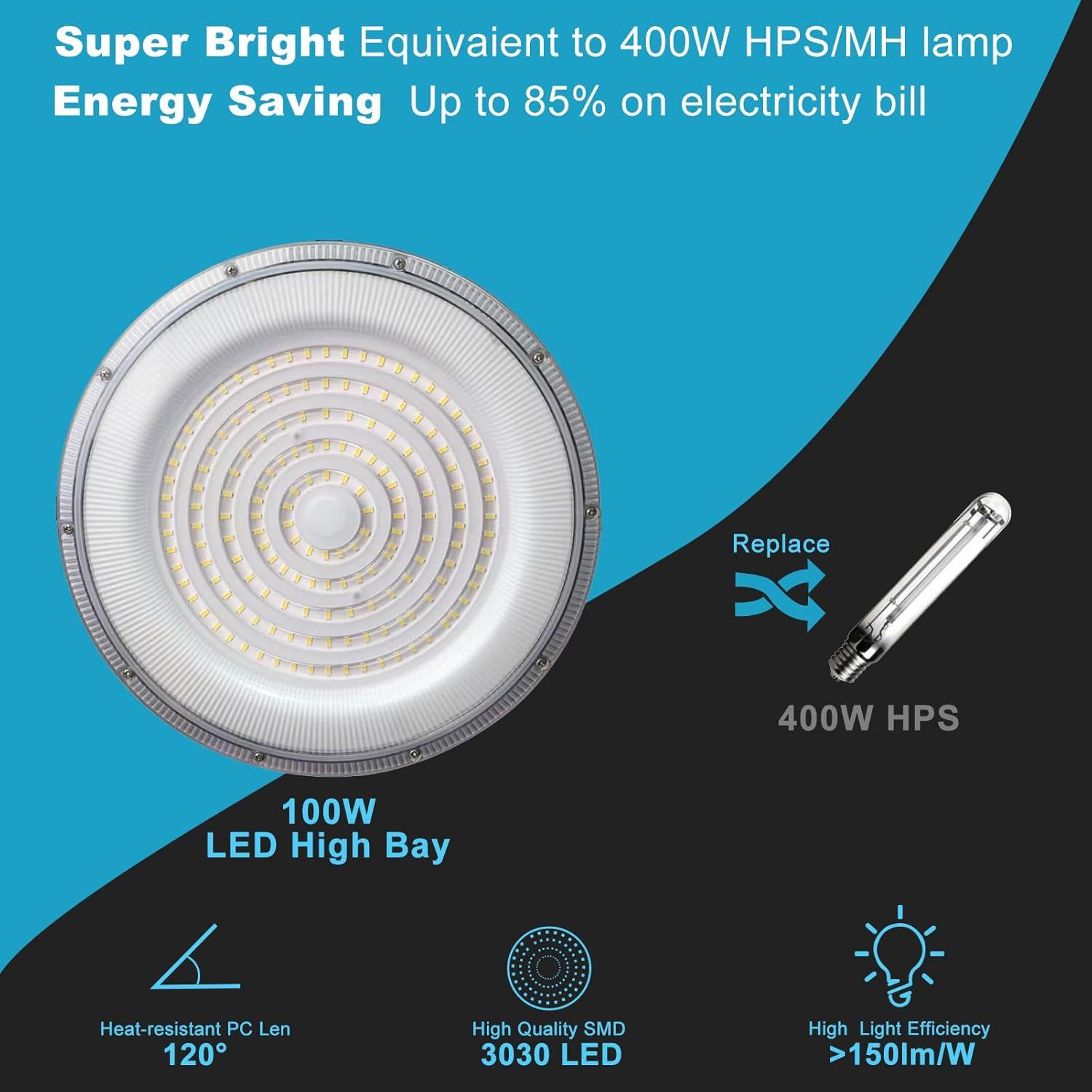 Lightdot 100W LED High Bay Light for Shop/Barn 5000K 14000LM (Eqv. to 400W HPS/MH) High Bay LED Lights with Plug for Commercial Warehouse Lighting-ETL Listed 5Pack