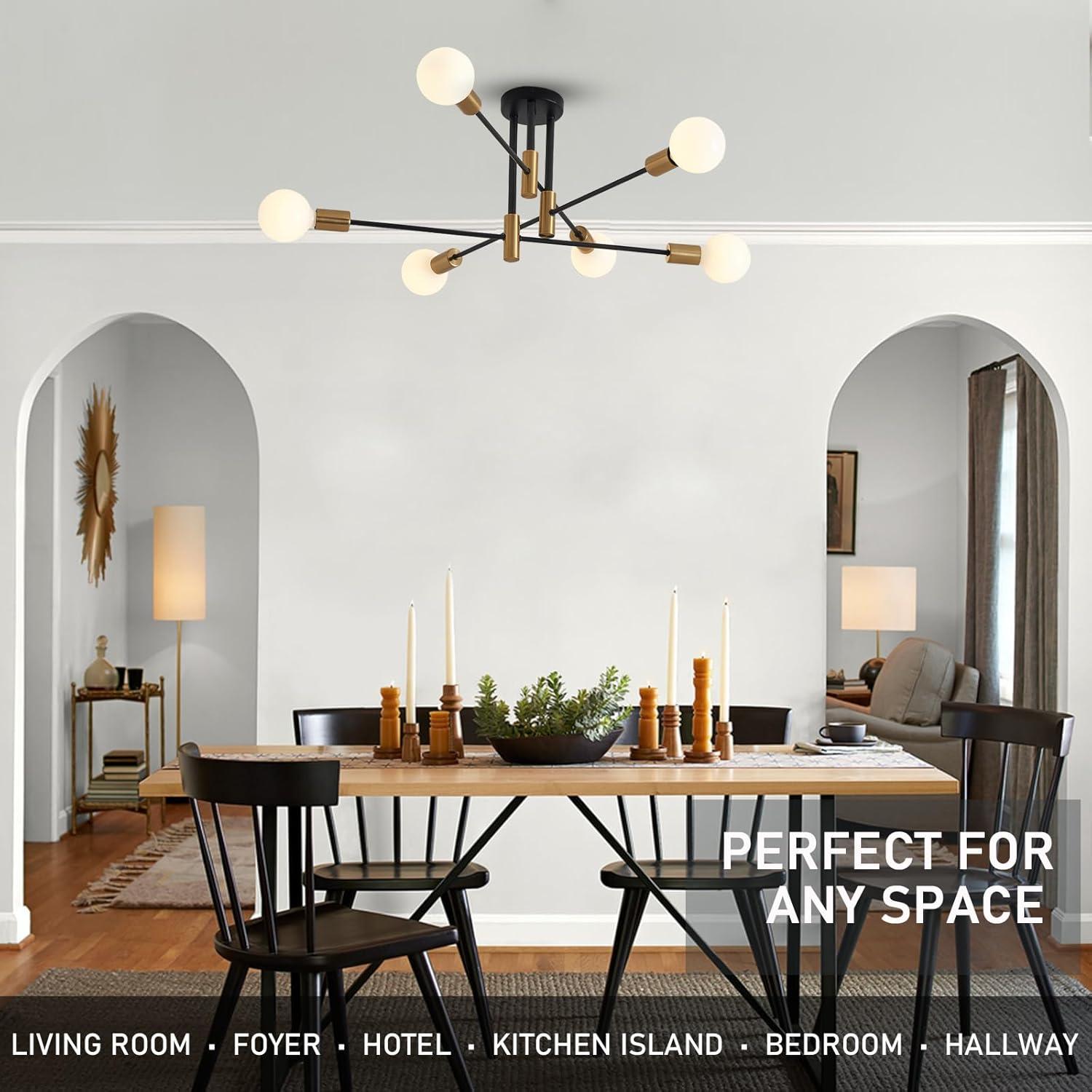 Sputnik Chandelier - 4-Light Semi Flush Mount Ceiling Light Fixture,Mid Century Modern Hanging Light Fixtures,Black and Gold Chandeliers for Dining Room Bedroom Living Room Kitchen Foyer