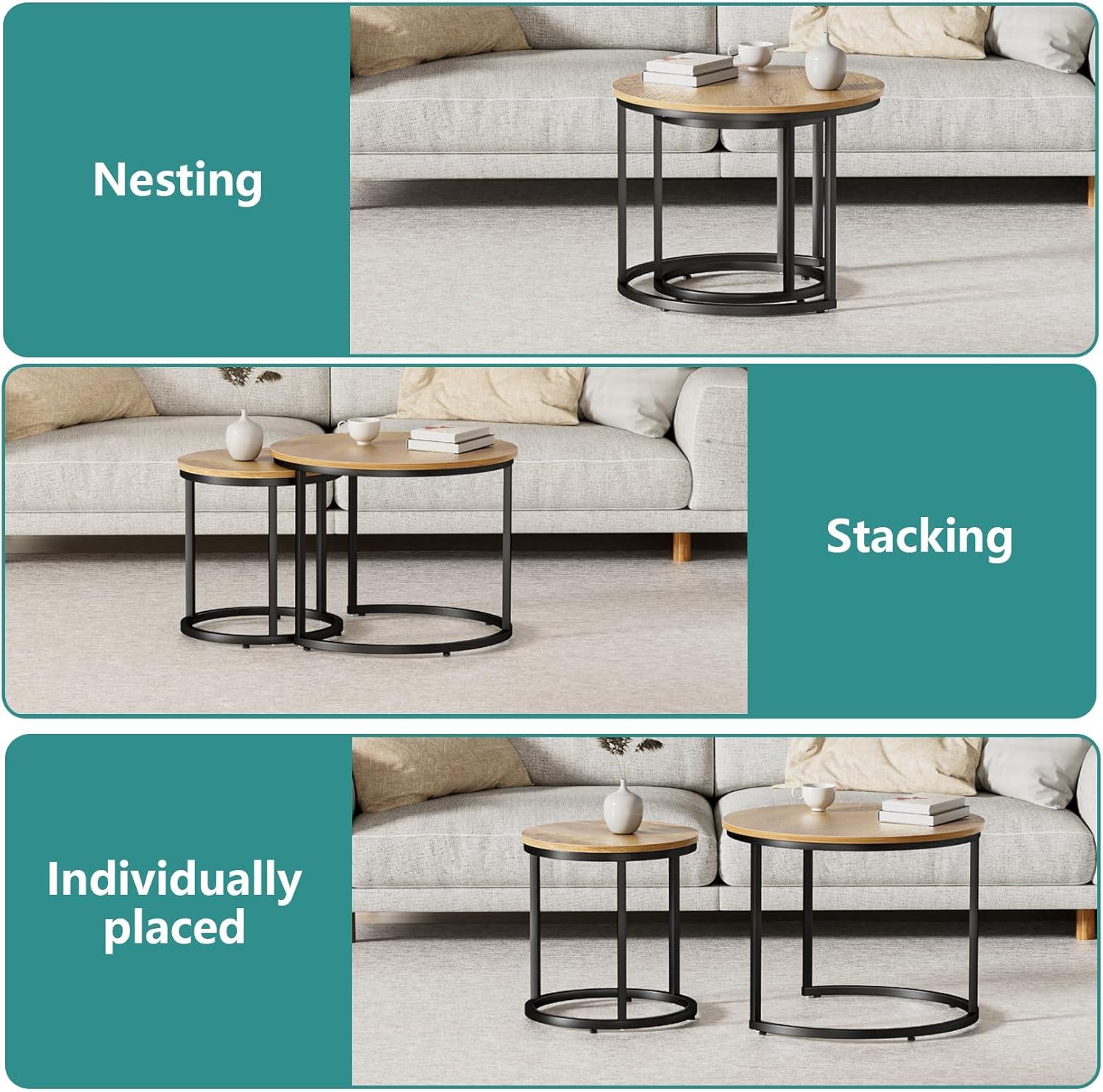 Nesting Coffee Table Set of 2, 23.6" Round Coffee Table Wood Grain Top with Adjustable Non-Slip Feet, Industrial End Table Side Tables for Living Room Bedroom Balcony Yard