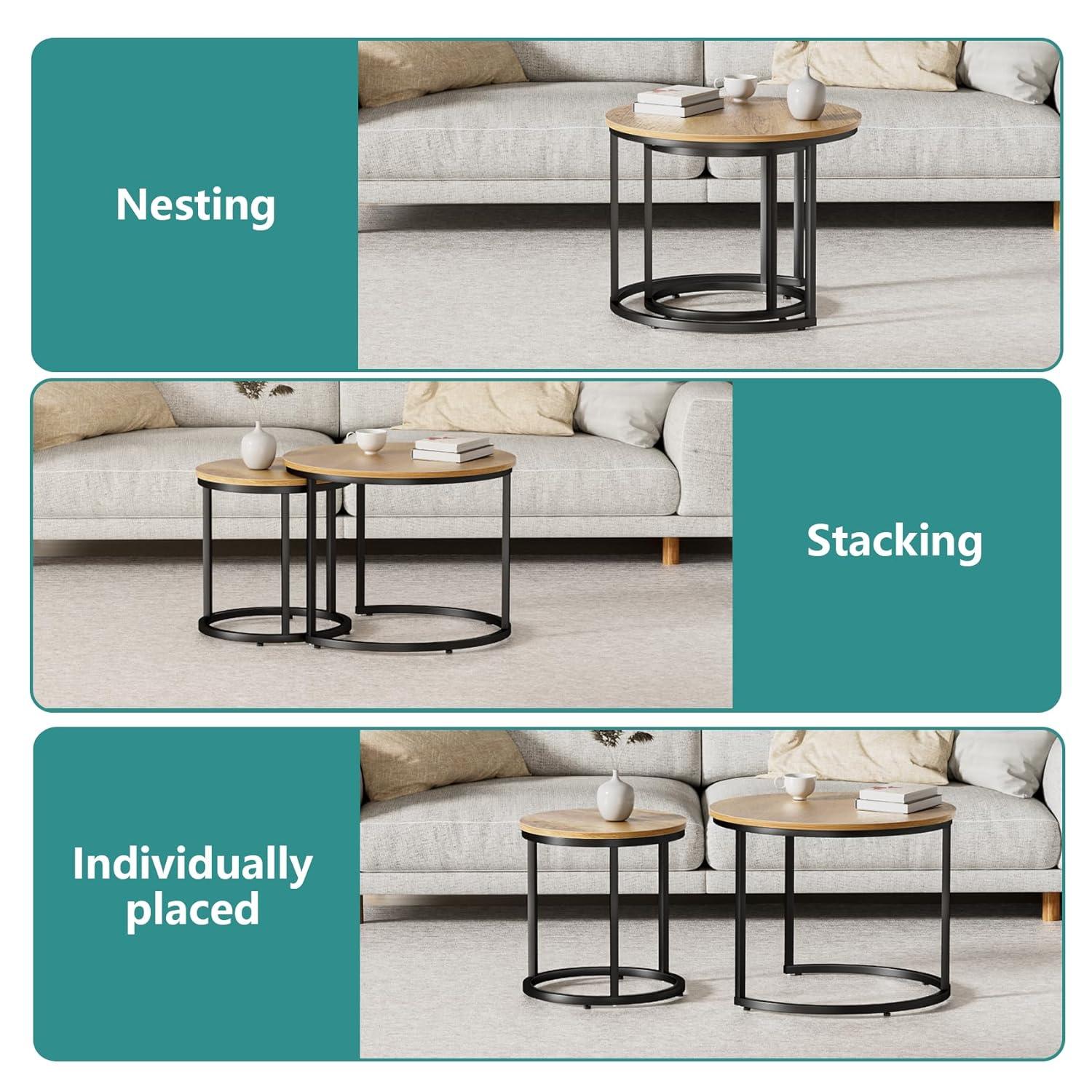 Nesting Coffee Table Set of 2, 23.6" Round Coffee Table Wood Grain Top with Adjustable Non-Slip Feet, Industrial End Table Side Tables for Living Room Bedroom Balcony Yard