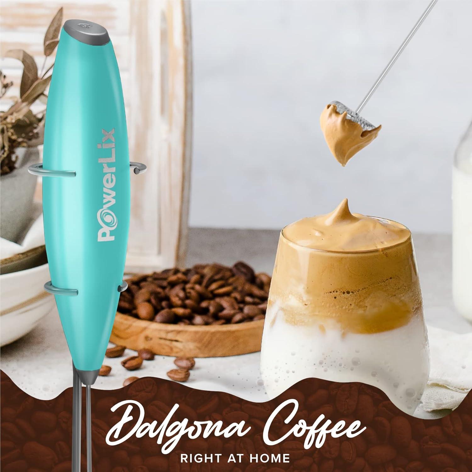 PowerLix Milk Frother Handheld Battery Operated Electric Whisk Foam Maker For Coffee With Stainless Steel Stand Included  - Carribean Aqua