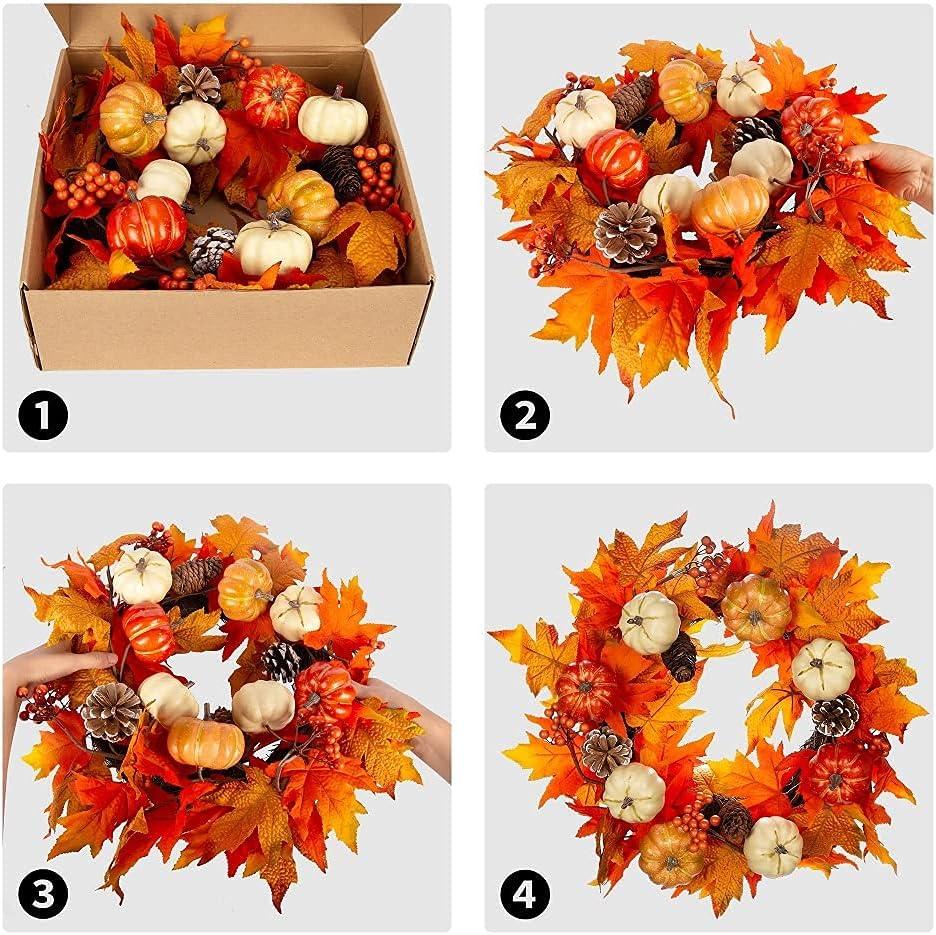 Fall Wreath 20’’ Autumn Front Door Wreath Harvest Wreath with Sunflower Pumpkins Berries Maple Leaves Daisies for Outside Indoor Home Wall Festival Thanksgiving Autumn Farmhouse Decor