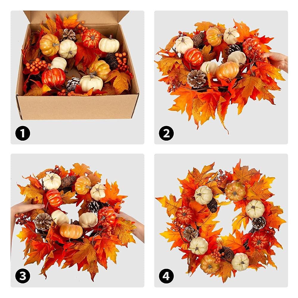 Fall Wreath 20’’ Autumn Front Door Wreath Harvest Wreath with Sunflower Pumpkins Berries Maple Leaves Daisies for Outside Indoor Home Wall Festival Thanksgiving Autumn Farmhouse Decor
