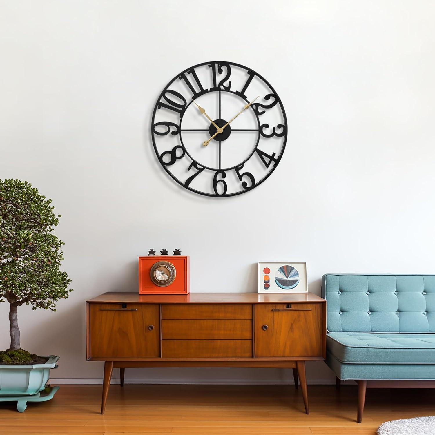 24" Black Metal Round Vintage Wall Clock with Gold Hands