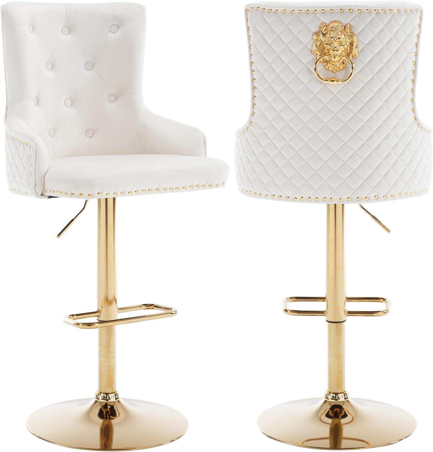 Bar Stools Set of 2, Swivel Barstools with Nailheads Trim, Velvet Button Tufted Back and Golden Footrest, Adjustable Counter Height Bar Stools for Kitchen Counter,Home Bar,Pub, Beige