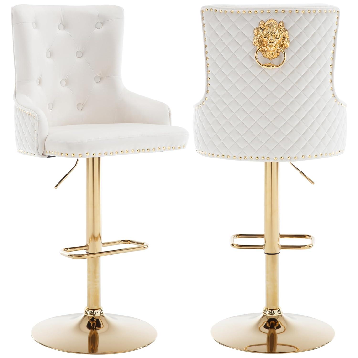 Bar Stools Set of 2, Swivel Barstools with Nailheads Trim, Velvet Button Tufted Back and Golden Footrest, Adjustable Counter Height Bar Stools for Kitchen Counter,Home Bar,Pub, Beige