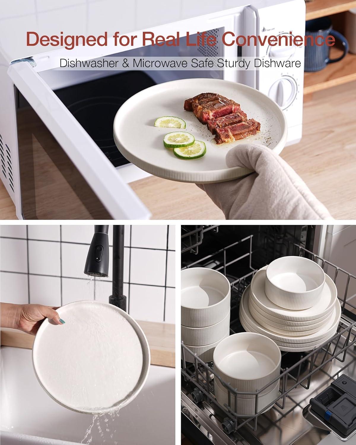 Famiware Star Stoneware Dinnerware Sets, Plates and Bowls Set for 4, 12 Piece Dish Set, Matte White