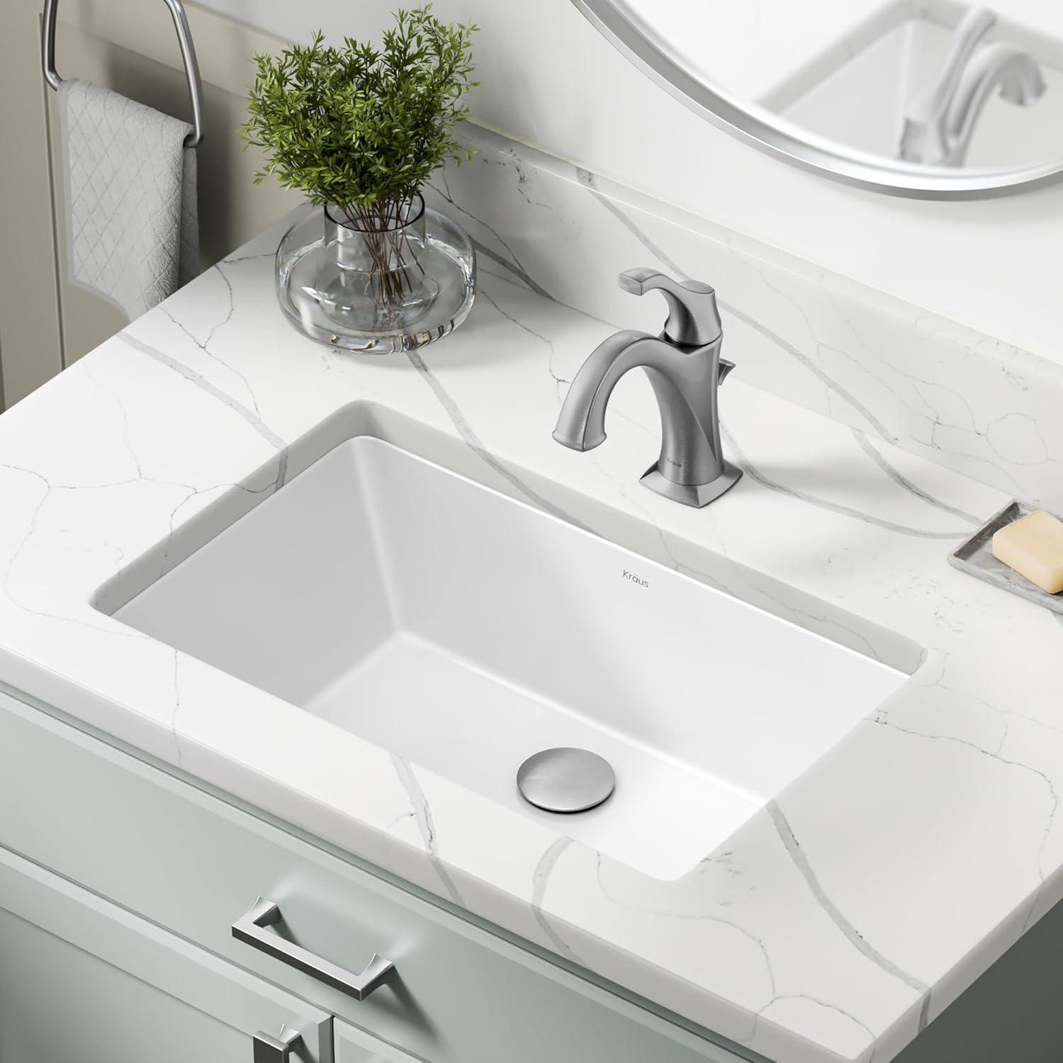 KRAUS Elavo. Rectangular Porcelain Ceramic Undermount Bathroom Sink In White With Overflow Drain, KCU-242