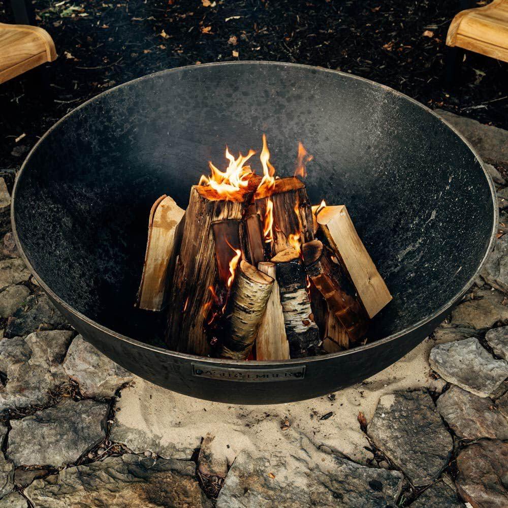 Ash & Ember 42" Hemisphere Fire Pit, Wood Burning Backyard Fireplace, Round Flat Flanged Base, Cast Iron Patina Fire Bowl, Portable Outdoor Firepit Ideal for Backyard Parties and Camping