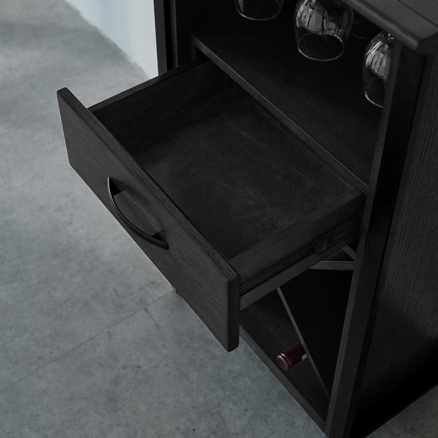 Compact Matte Black Ash Wood Mini Bar Cabinet with Stemware Storage