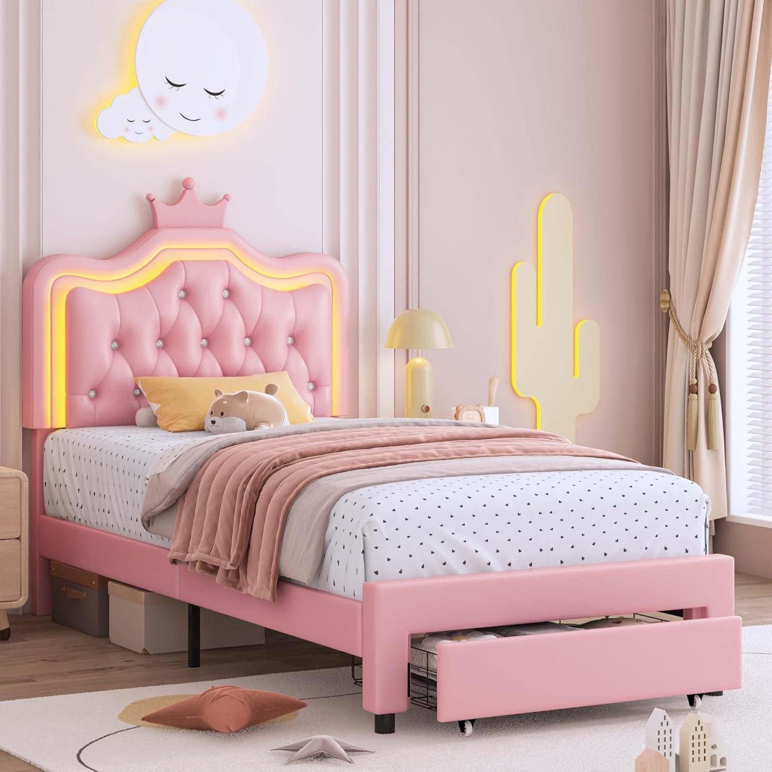 Twin Pink Upholstered Princess Platform Bed with LED Crown Headboard and Storage Drawer