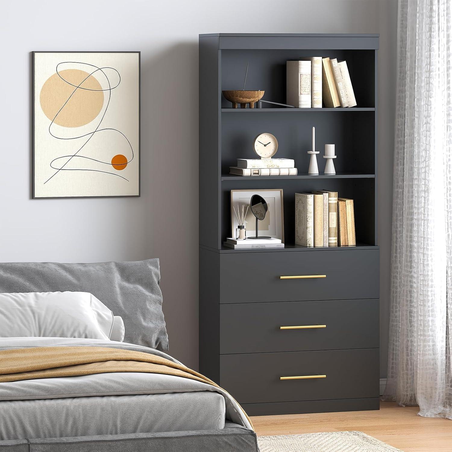 Winkalon 71" H Black Bookshelf with Drawers, Bookshelf and Bookcase with 3-Tier Open Shelves, Tall Bookcase Tall Storage Cabinet for Home Office