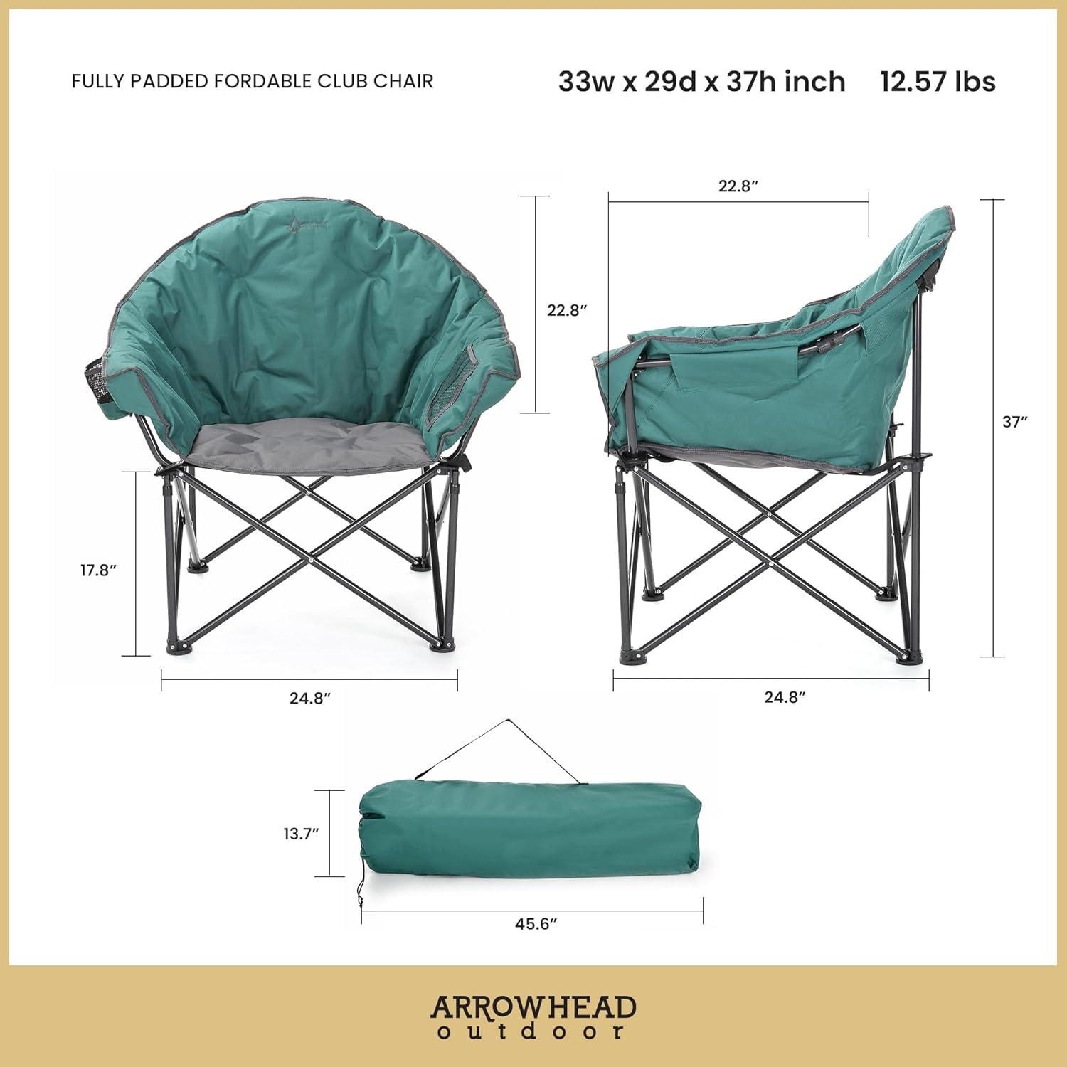 Arrowhead Outdoor Oversized Heavy-Duty Club Folding Camping Chair w/External Pocket, Cup Holder, Portable, Padded, Moon, Round, Bag (Forest Green)