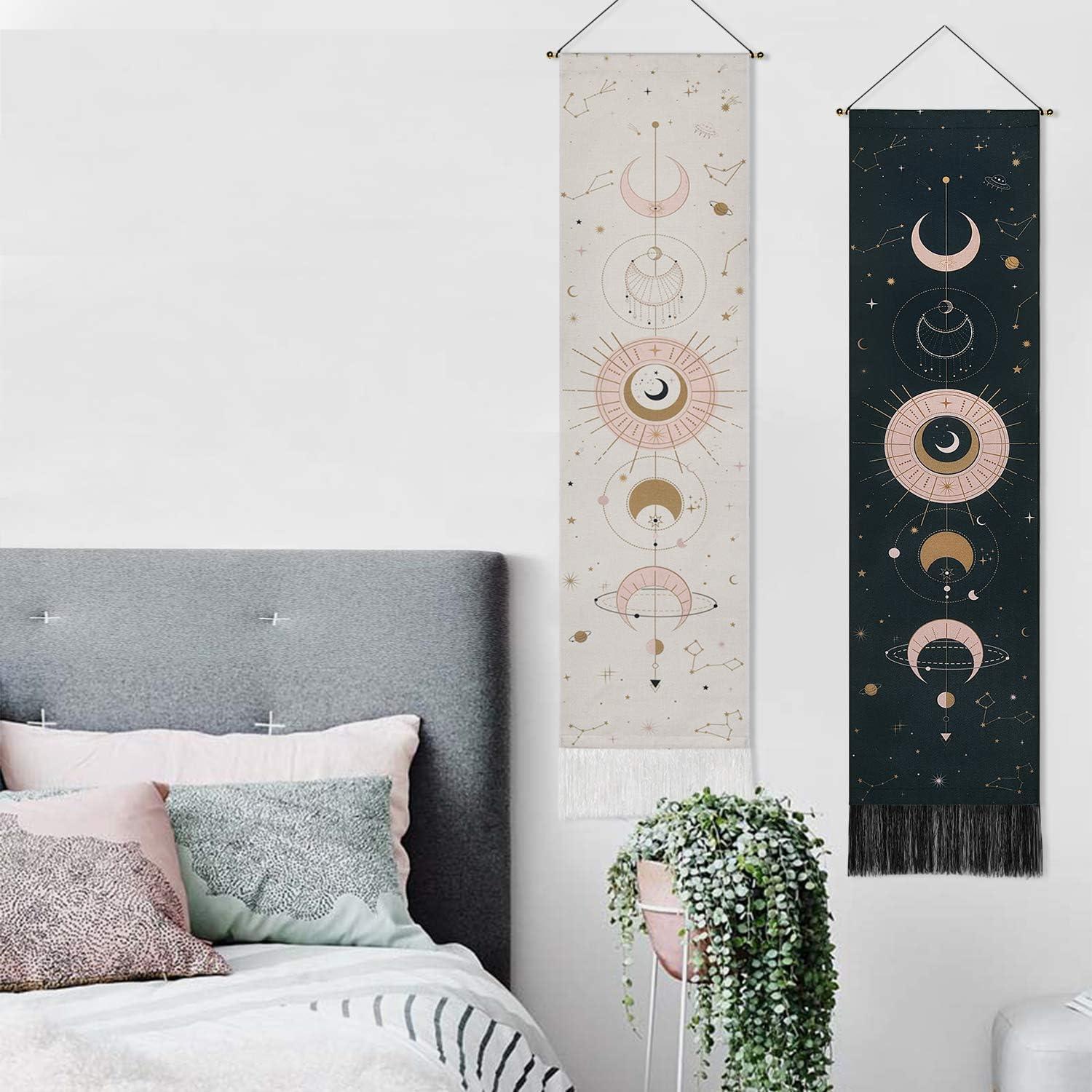 2 Pack Moon Phase Tapestry Moon Tapestry Wall Hanging Art Bohemian Tapestries Black and White Tapestry for bedroom Modern Home Decor (Black+White, 12.8 x 51.2 inches)