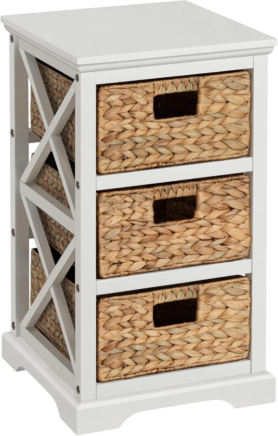 eHemco Hampton Meadows 3 Tier X-Side End Storage Cabinet with 3 Wicker Baskets, White