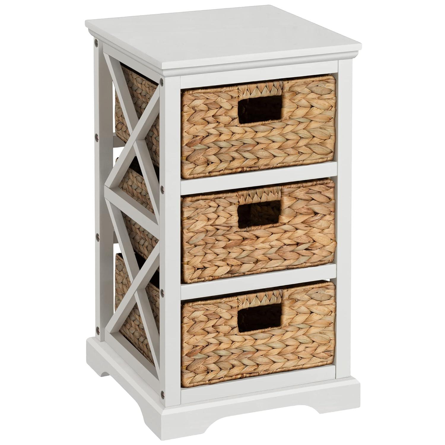 eHemco Hampton Meadows 3 Tier X-Side End Storage Cabinet with 3 Wicker Baskets, White