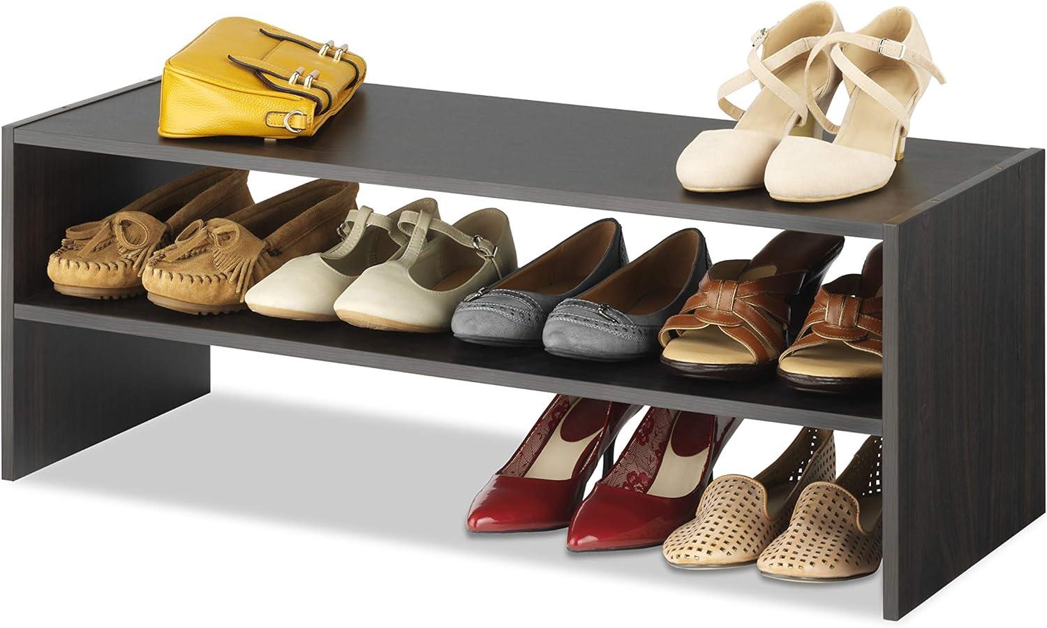 Espresso Stackable 2-Tier Wood and Metal Shoe Shelf