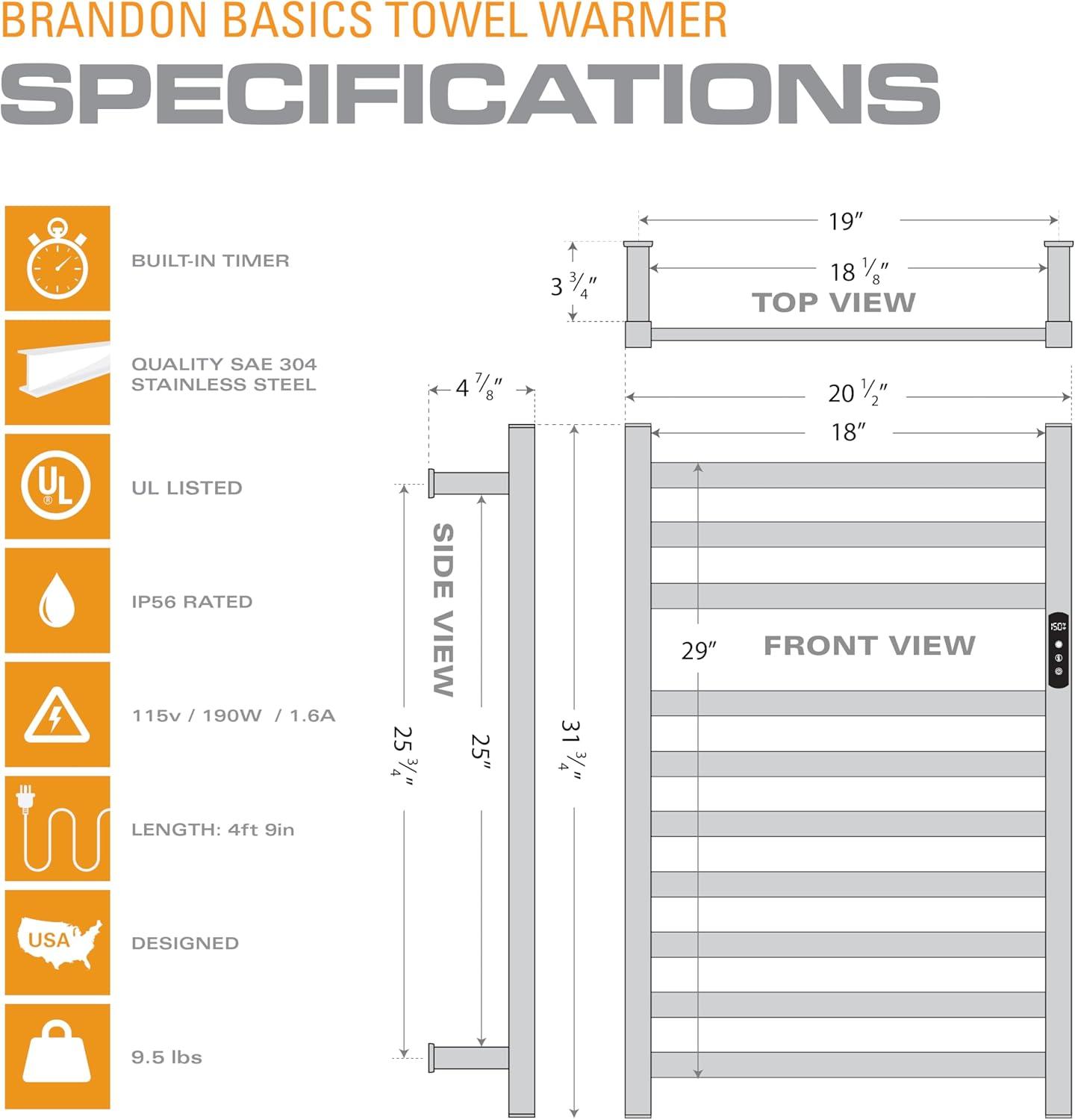 Brandon Basics Wall Mounted Electric Towel Warmer with Built-in Timer and Hardwired and Plug in Options, Stainless Steel - Polished