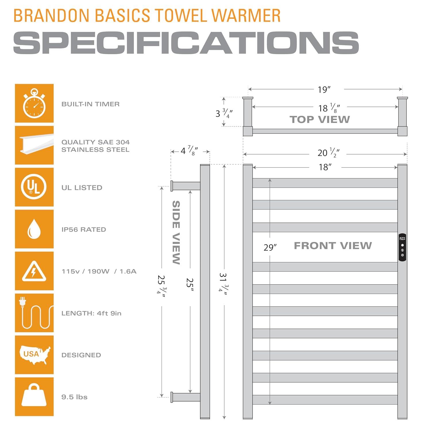 Brandon Basics Wall Mounted Electric Towel Warmer with Built-in Timer and Hardwired and Plug in Options, Stainless Steel - Polished