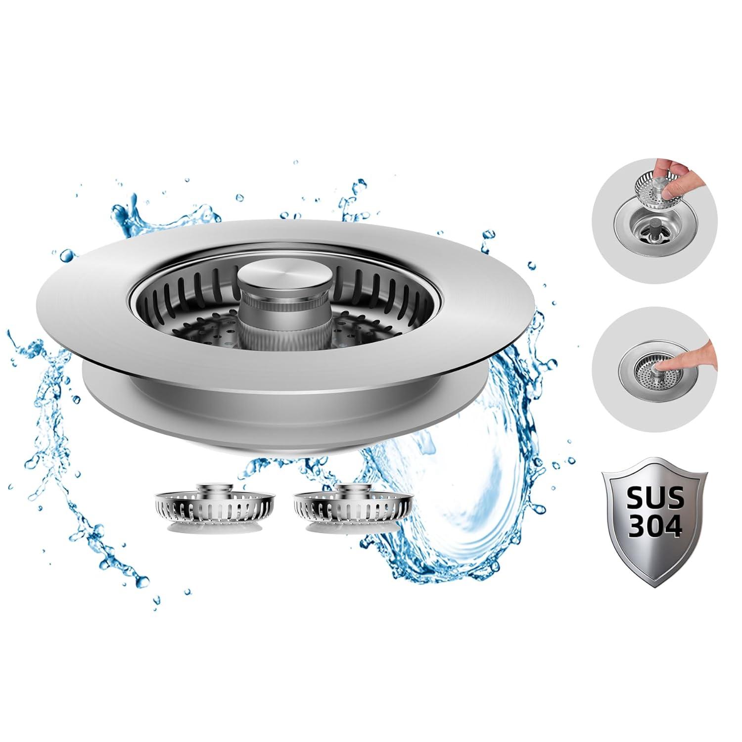 Hibbent 3-in-1 Kitchen Sink Drain Strainer  Stopper , Stainless Steel Pop-Up Design, Anti-Clogging Metal Basket with Handle, Compatible with US Standard 3-1/2" Drain