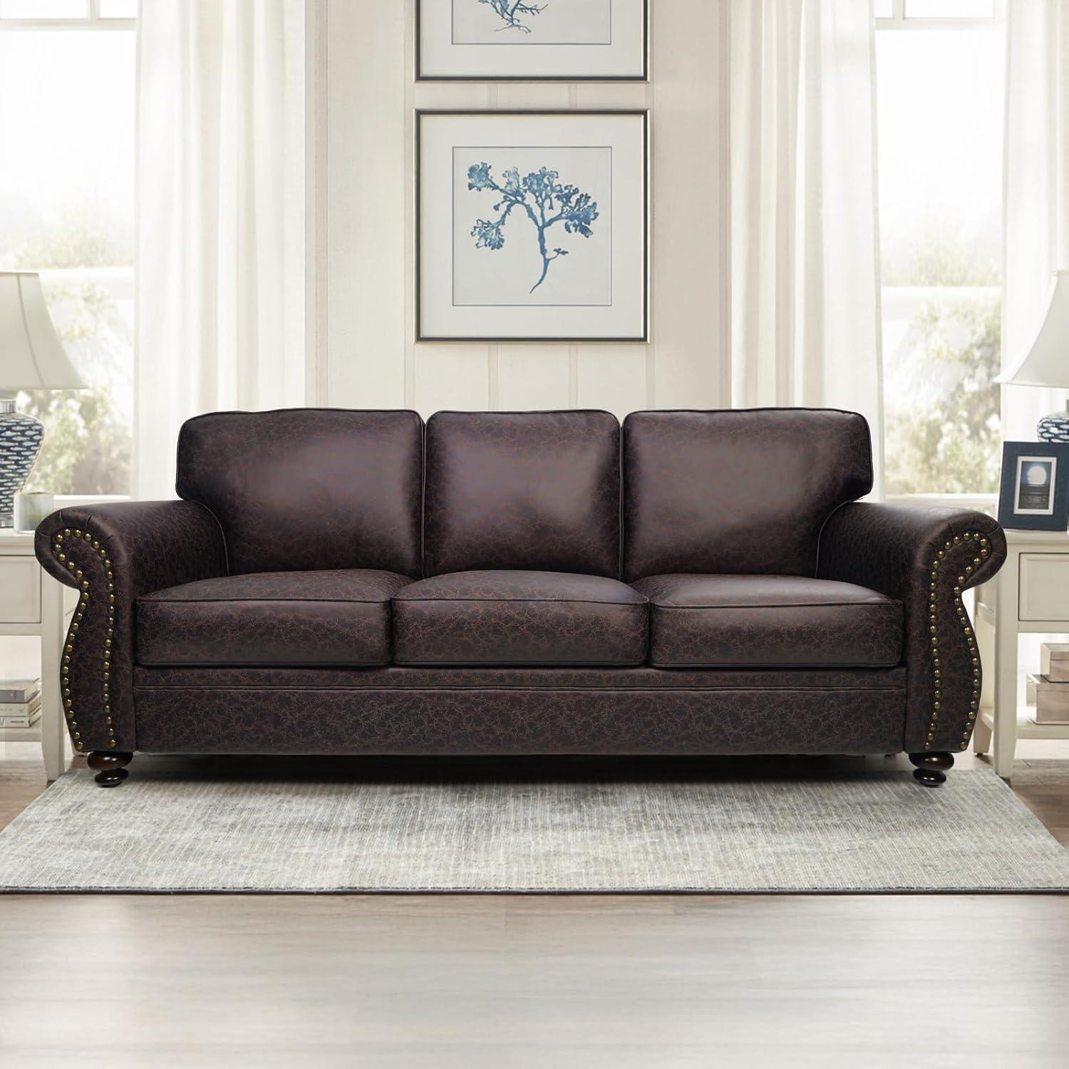 Stylish Vintage 3-Seat Sofa With Faux Leather, Nailhead Trim & Solid Wood Legs