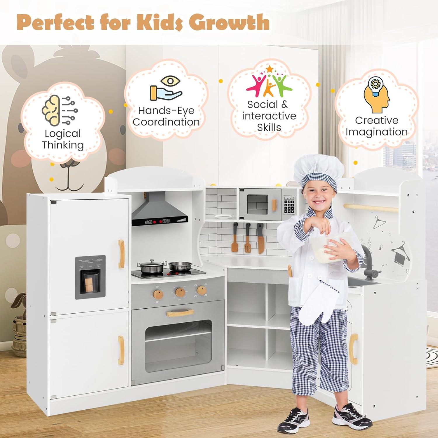 YYAo Kids Kitchen Playset, Pretend Play Kitchen for Toddlers, Toy Kitchen Set, Corner Kids Play Kitchen with Washing Machine and Ice Maker Gift for Boys Girls