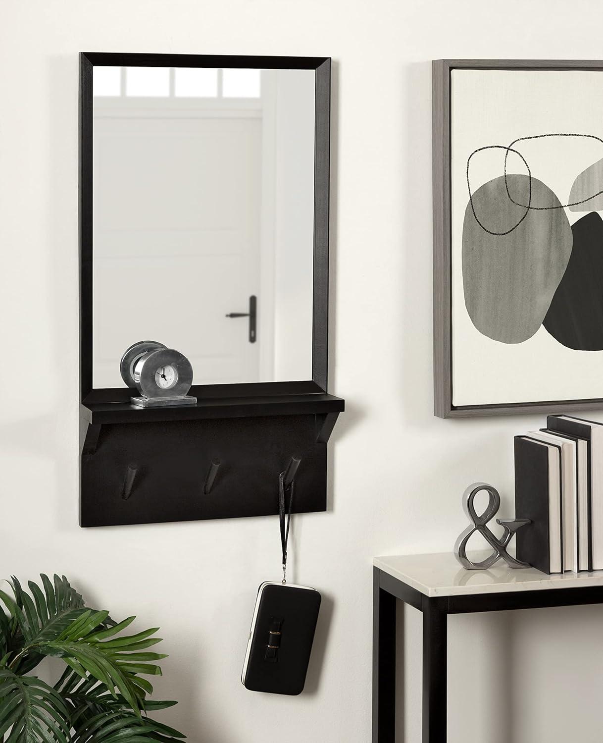 Black Rectangular Wood Wall Mirror with Pegs and Ledge