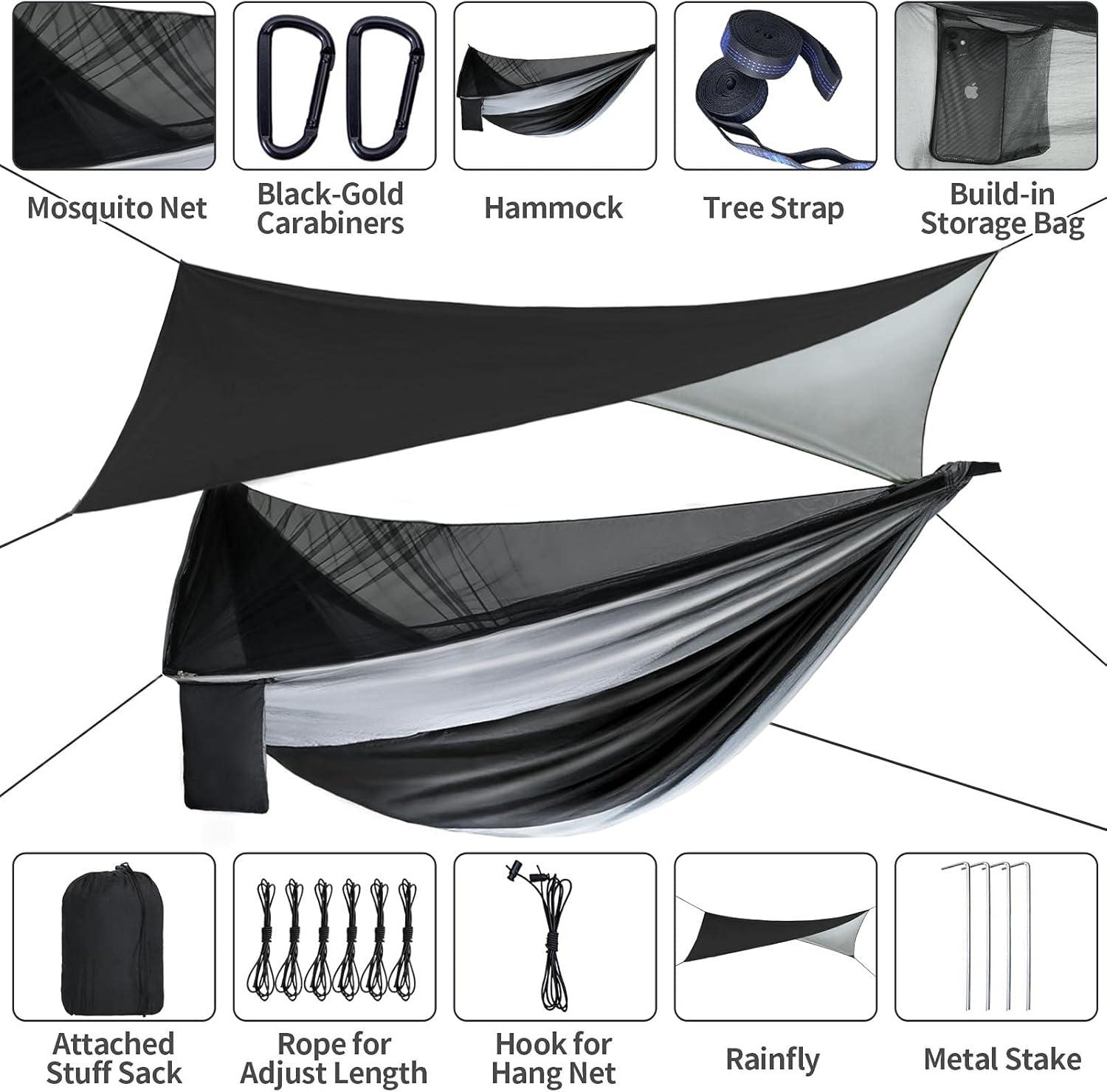 Black and Gray Nylon Parachute Camping Hammock with Mosquito Net and Rain Fly Tarp