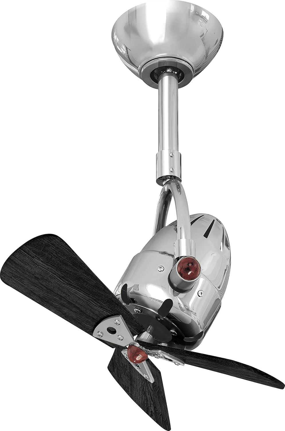 Diane oscillating ceiling fan in Polished Chrome finish with solid matte black wood blades.