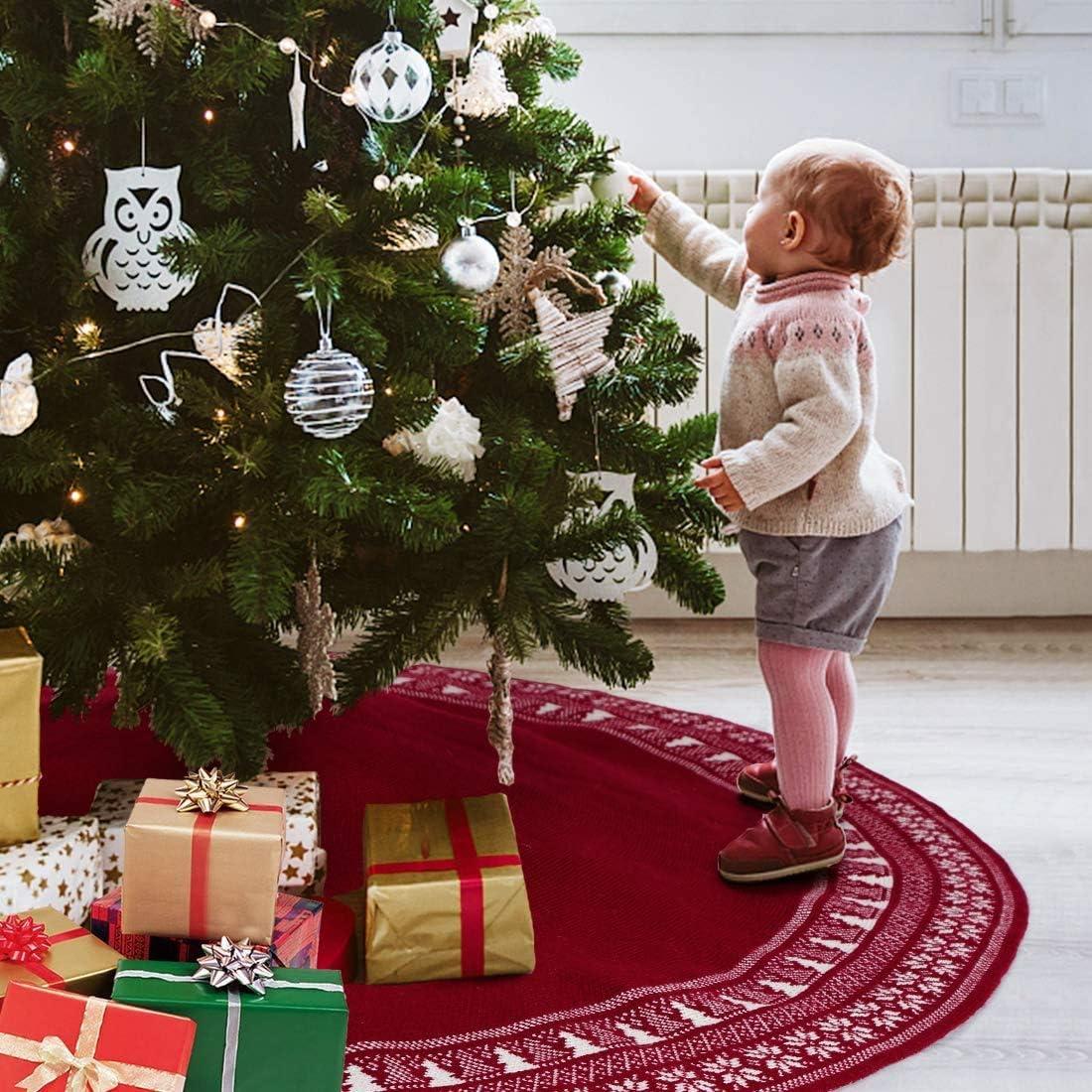 48in Christmas Tree Skirt,Knitted Snowflakes Christmas Tree Pattern for Home Decor,Red