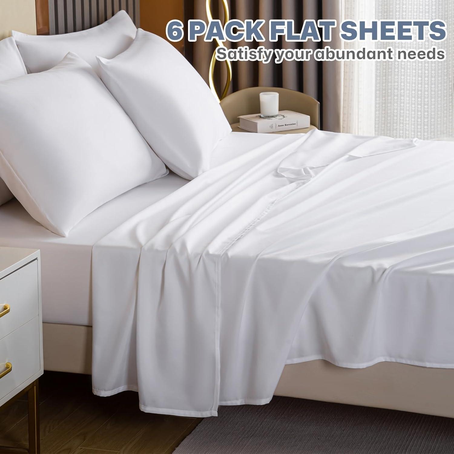 Lavisun Twin Flat Sheets Only, 6 Pack Soft Brushed Microfiber Bedding Sheets for Hotel, Massage, Hospital, Home, Dorm, Bulk Flat Sheets Only Twin Size (White)