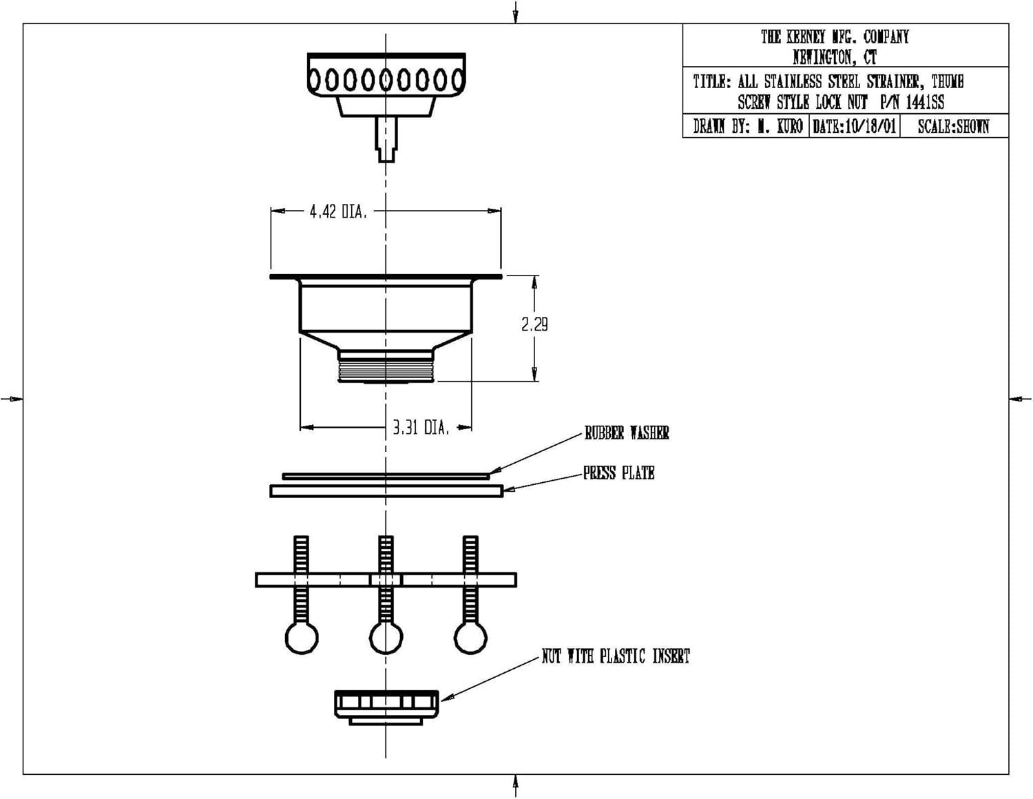 Keeney  Stainless Steel Thumb Screw Style Basket Strainer Assembly 1441SS
