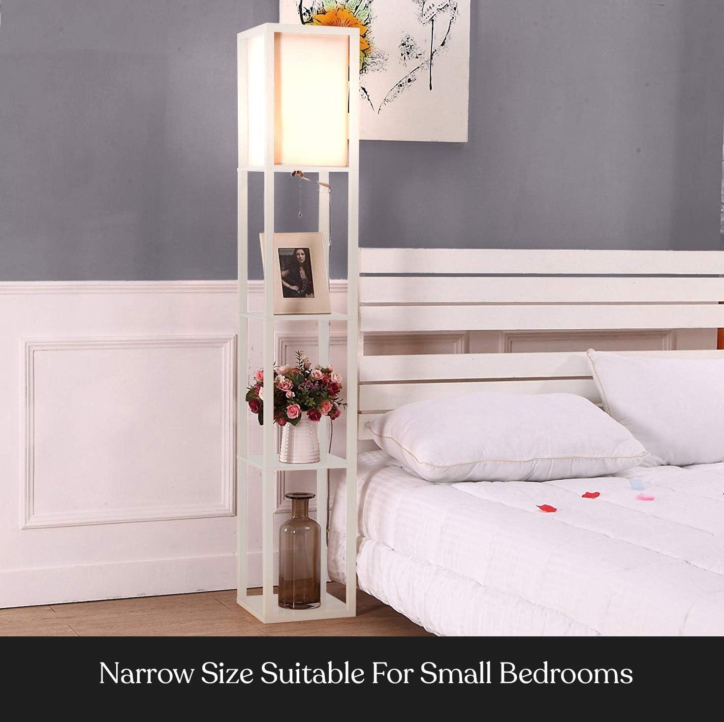 Brightech Maxwell - Modern LED Shelf Floor Lamp - Skinny End Table & Nightstand for Bedroom - Combo Narrow Side Table with Standing Accent Light Attached - Asian Tower Book Shelves - White