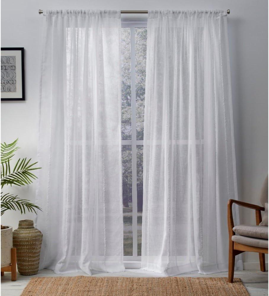 Set of 2 84"x54" Santos Embellished Stripe Textured Linen Sheer Rod Pocket Window Curtain Panel White - Exclusive Home