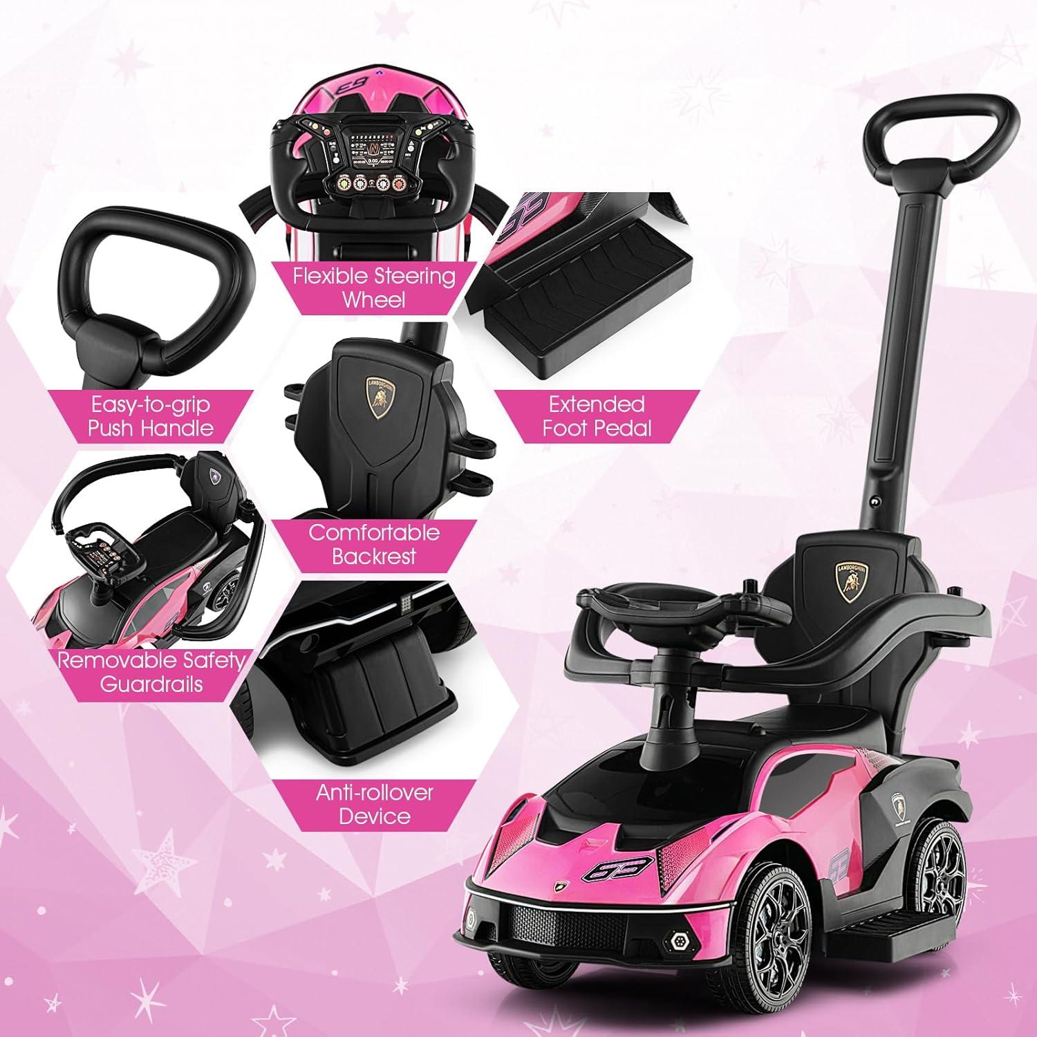 Costway 3-in-1 Licensed Lamborghini Ride on Push Car Stroller Sliding Car w/ Sound Pink