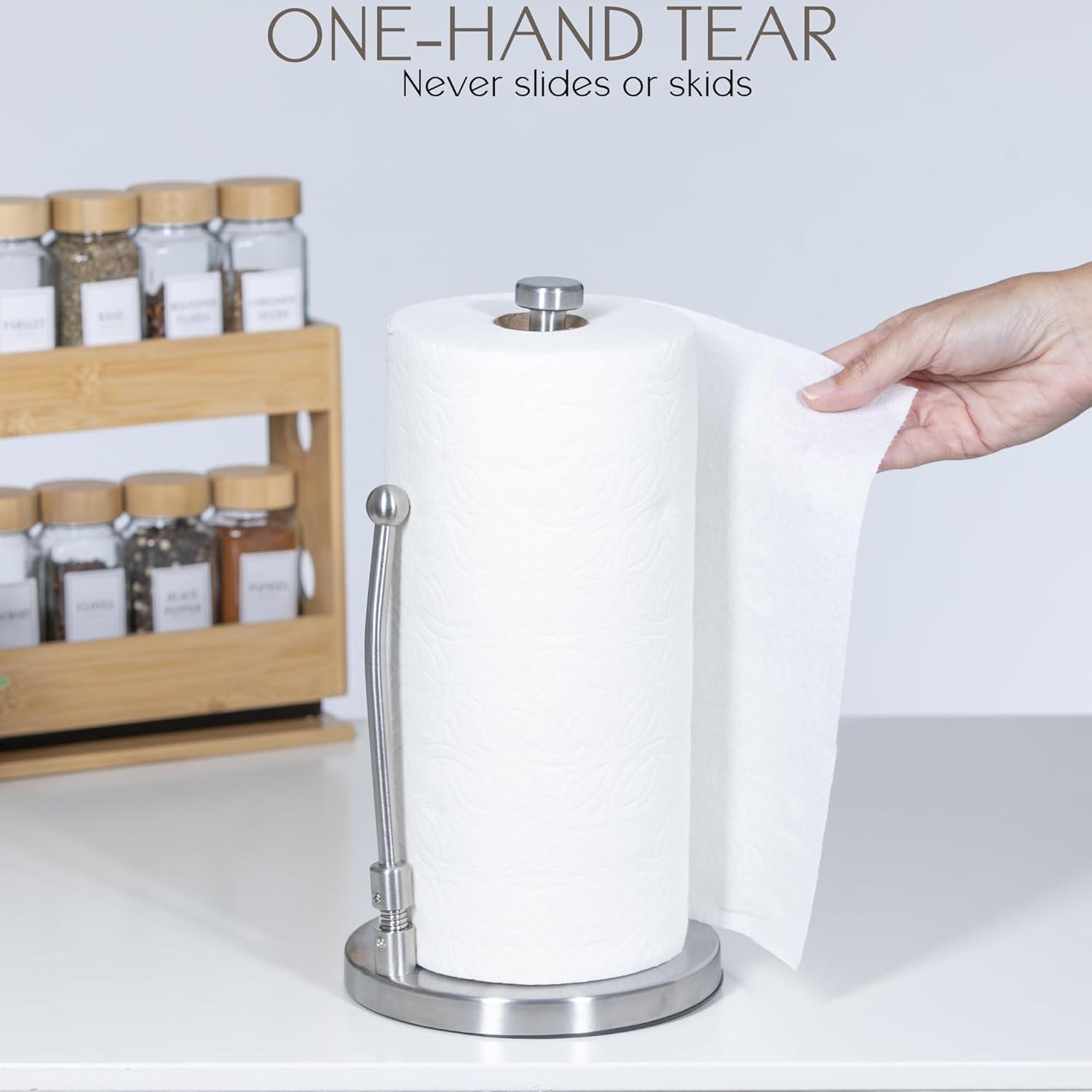 Washranp Paper Towel Holderwith Spray Bottle,Stainless Steel Easy to Tear Paper Towel Dispenser Weighted Base Adjustable Spring Arm to Hold Any Type of Paper Towels