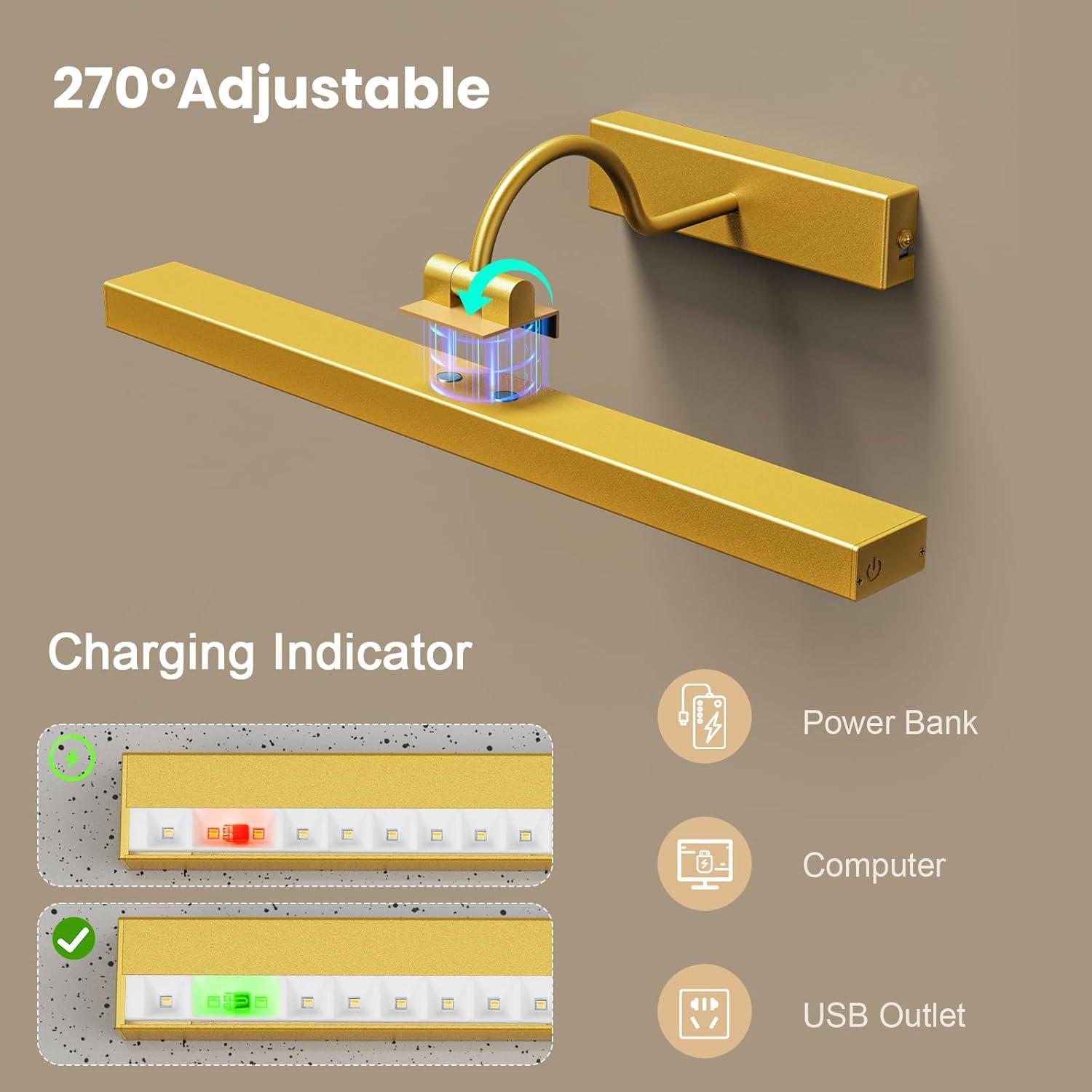 Bridika Picture Lights for Wall Battery Operated, 15.7in Wireless Rechargeable Wall Lights with Remote, 3 Color Temperatures, Dimmable Art Light for Paintings, Gallery, Dartboard, Portraits gold 1pack