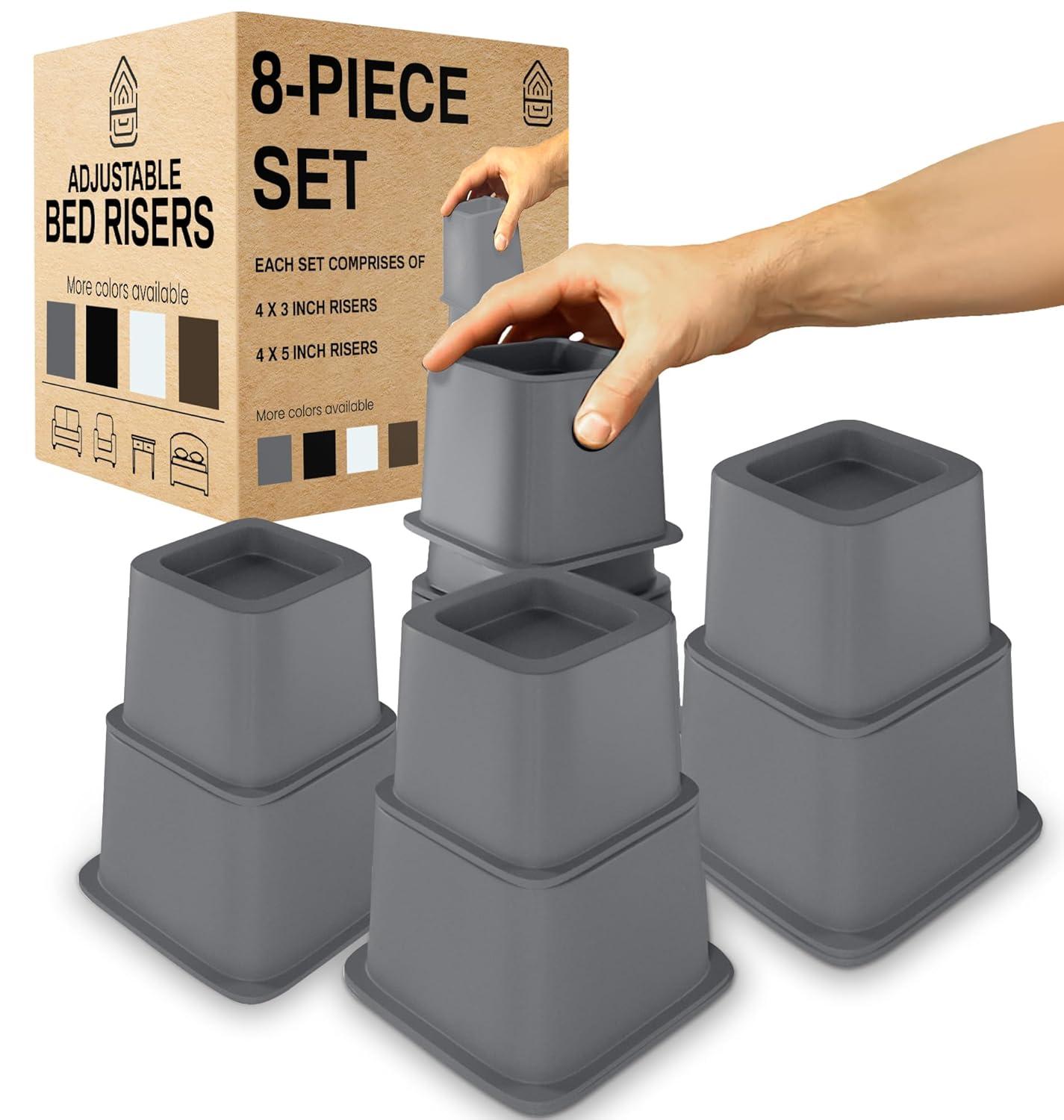 Home Intuition Bed Risers Heavy Duty Adjustable Furniture Riser 3, 5 or 8-Inch, 4 Pack, 8-Piece Set (Grey)