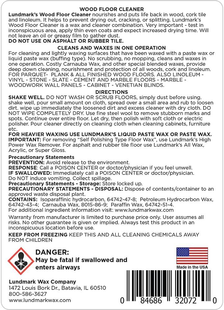 Lundmark Wood Floor Cleaner, for Paste Wax Finish Floors with Carnauba Wax, 32-Ounce, 3207F32-6