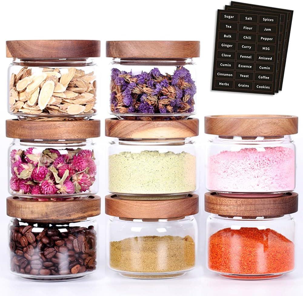 8 Pcs Spice Containers  8.5oz Glass Spice Jars With Acacia Lid and Labels - Stackable Empty Round Spice Canister for Kitchen