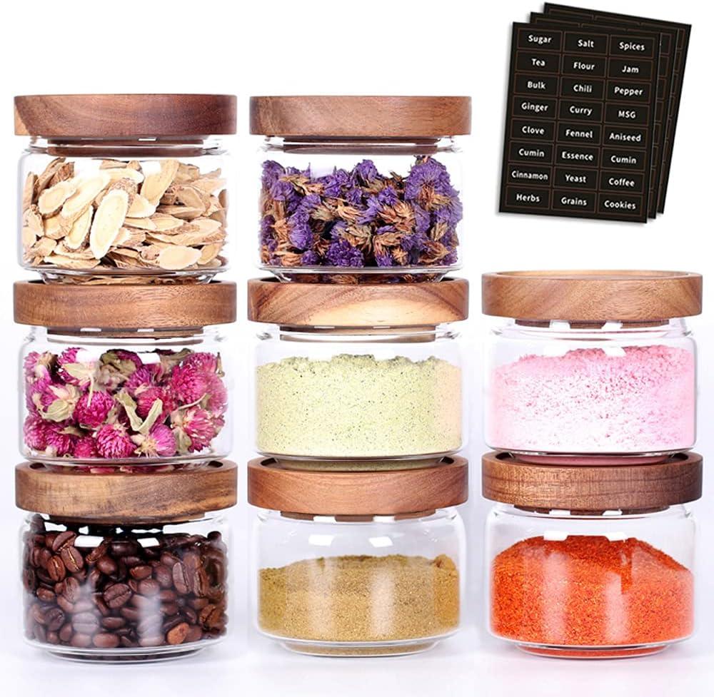 8-Piece Clear Glass Spice Jars with Acacia Lids