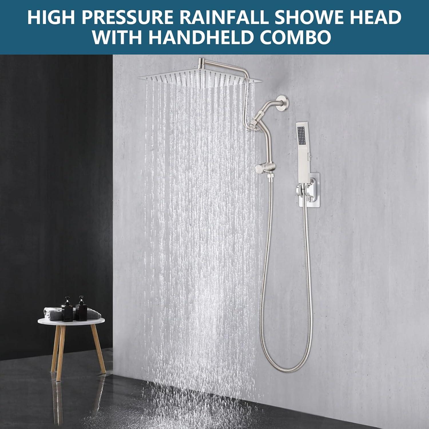 PDPBath All Metal 12'' Rainfall Shower Head with Handheld Combo, Upgrade 3-Way Diverter with Pause Setting, High Pressure Rain Shower Head with Z-shaped Extension Arm, 59" Hose, Brushed Nickel