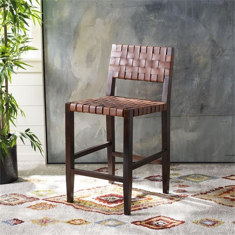 Paxton Woven Leather Counter Stool - Cognac/Walnut Finish - Safavieh