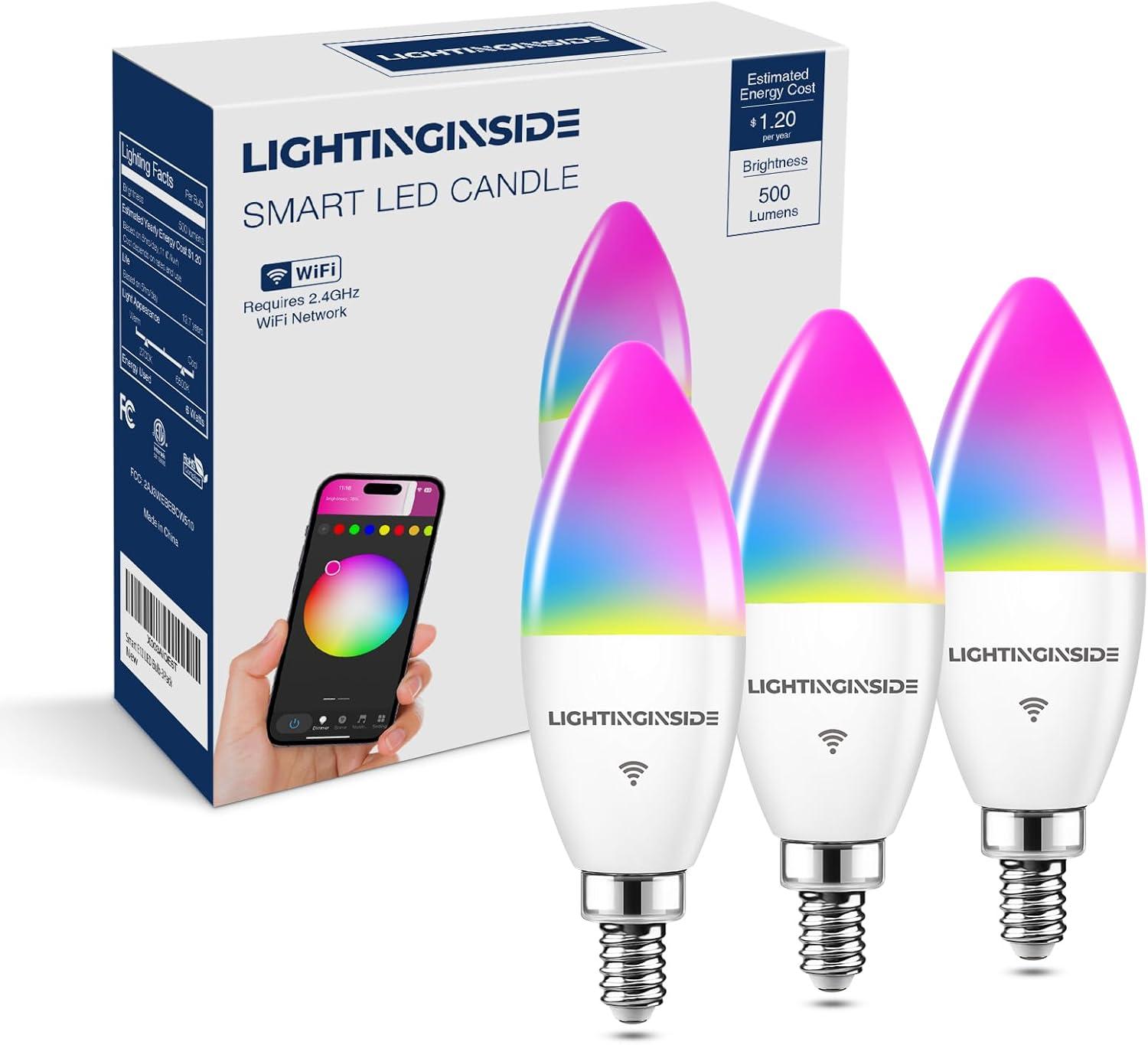 Candelabra Smart Light Bulbs 60W Equivalent, 500LM 6W E12 LED Bulb Compatible with Alexa/Google Home, RGBCW Candle Bulb for Chandelier, No Hub Required, 2.4G WiFi Only, ETL Listed, 1PC