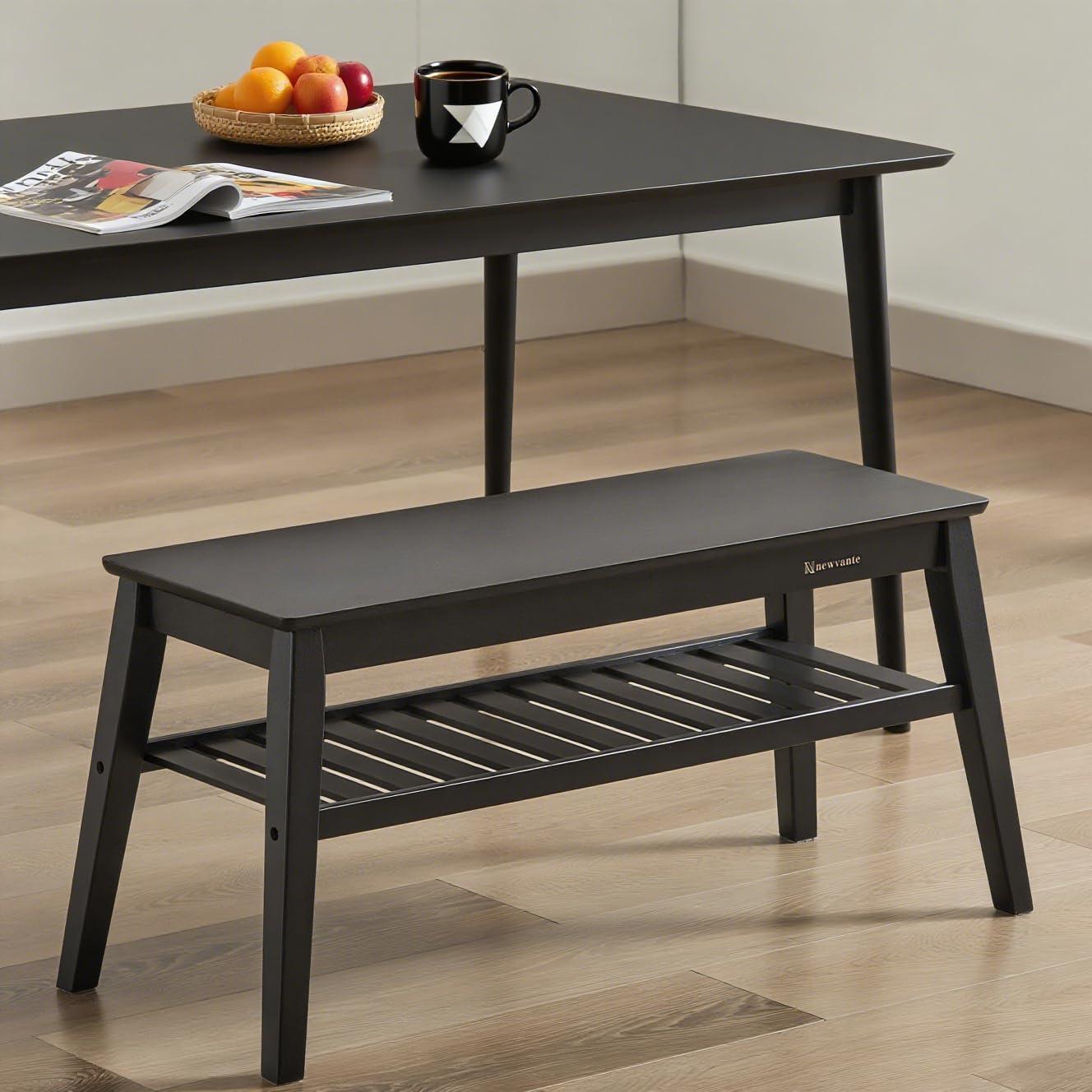 Nnewvante Bamboo Entryway Bench, 33.46" End of Bed Bench, 2 Tier Black Bench for Bedroom, Indoor Bench for Living Room, Dining Room, Hallway, Holds up to 300lbs